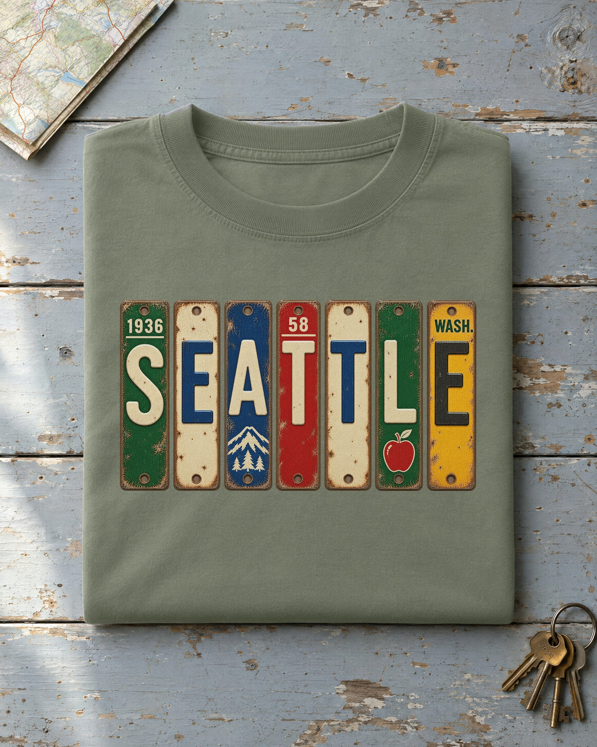 Seattle, Washington vintage license plate t-shirt in Moss