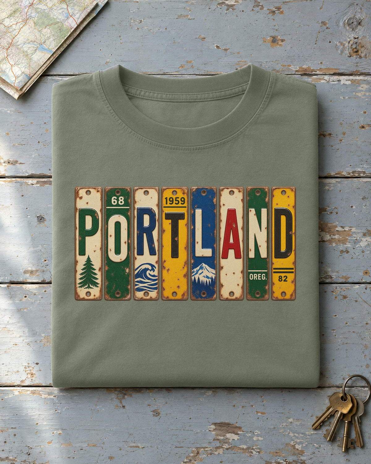 Portland, Oregon vintage license plate t-shirt in Moss