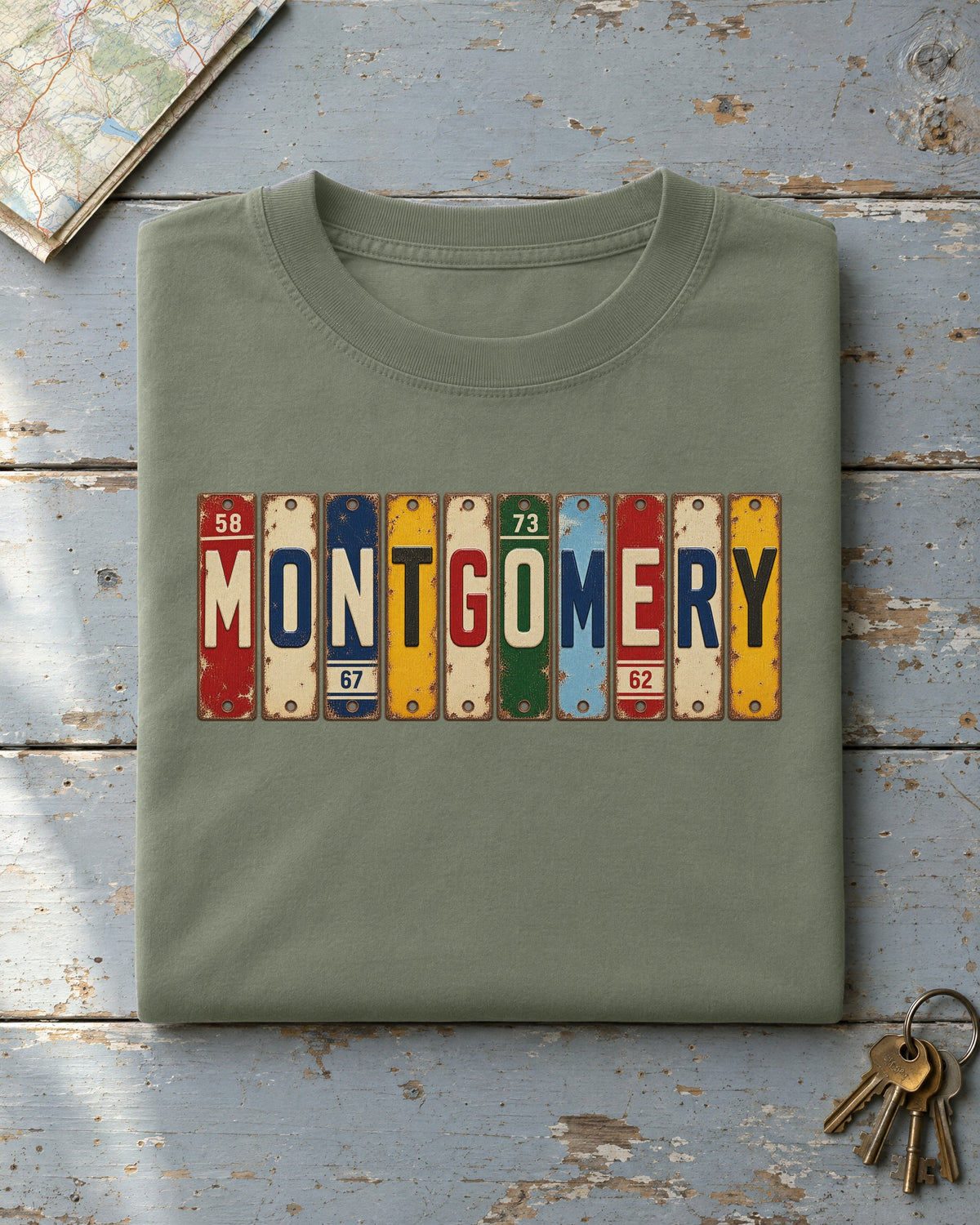 Montgomery, Alabama vintage license plate t-shirt in Moss
