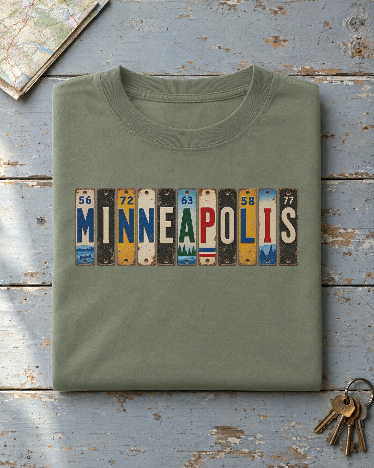 Minneapolis, Minnesota vintage license plate t-shirt in Moss