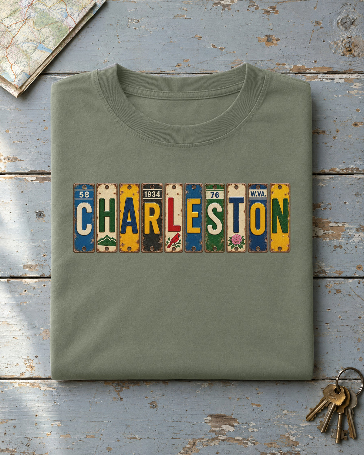 Charleston, West Virginia vintage license plate t-shirt in Moss