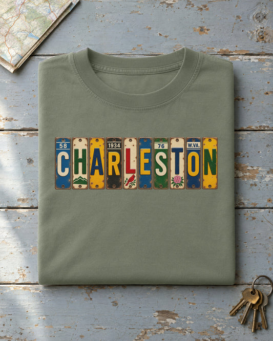 Charleston, West Virginia vintage license plate t-shirt in Moss