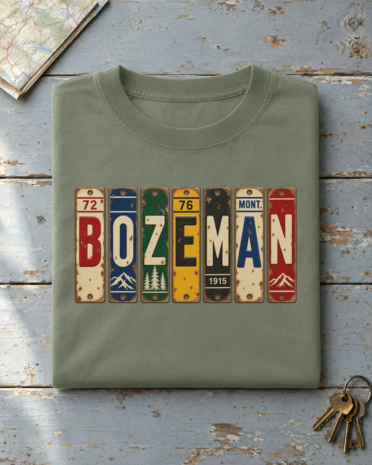 Bozeman, Montana vintage license plate t-shirt in Moss
