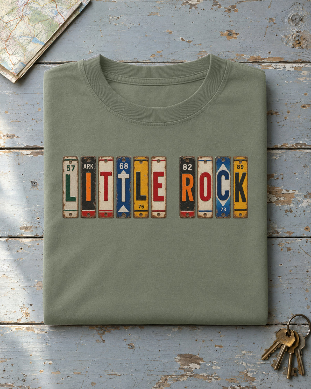Little Rock, Arkansas vintage license plate t-shirt in Moss