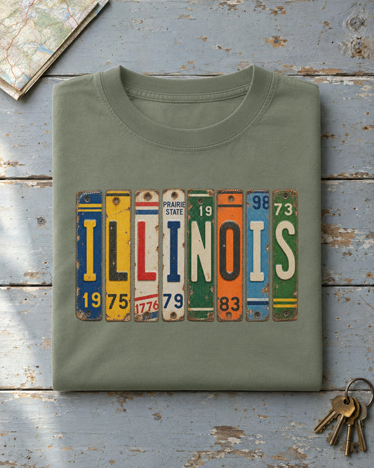 Illinois vintage license plate t-shirt in Moss
