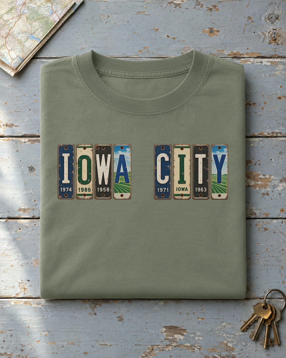Iowa City, Iowa vintage license plate t-shirt in Moss