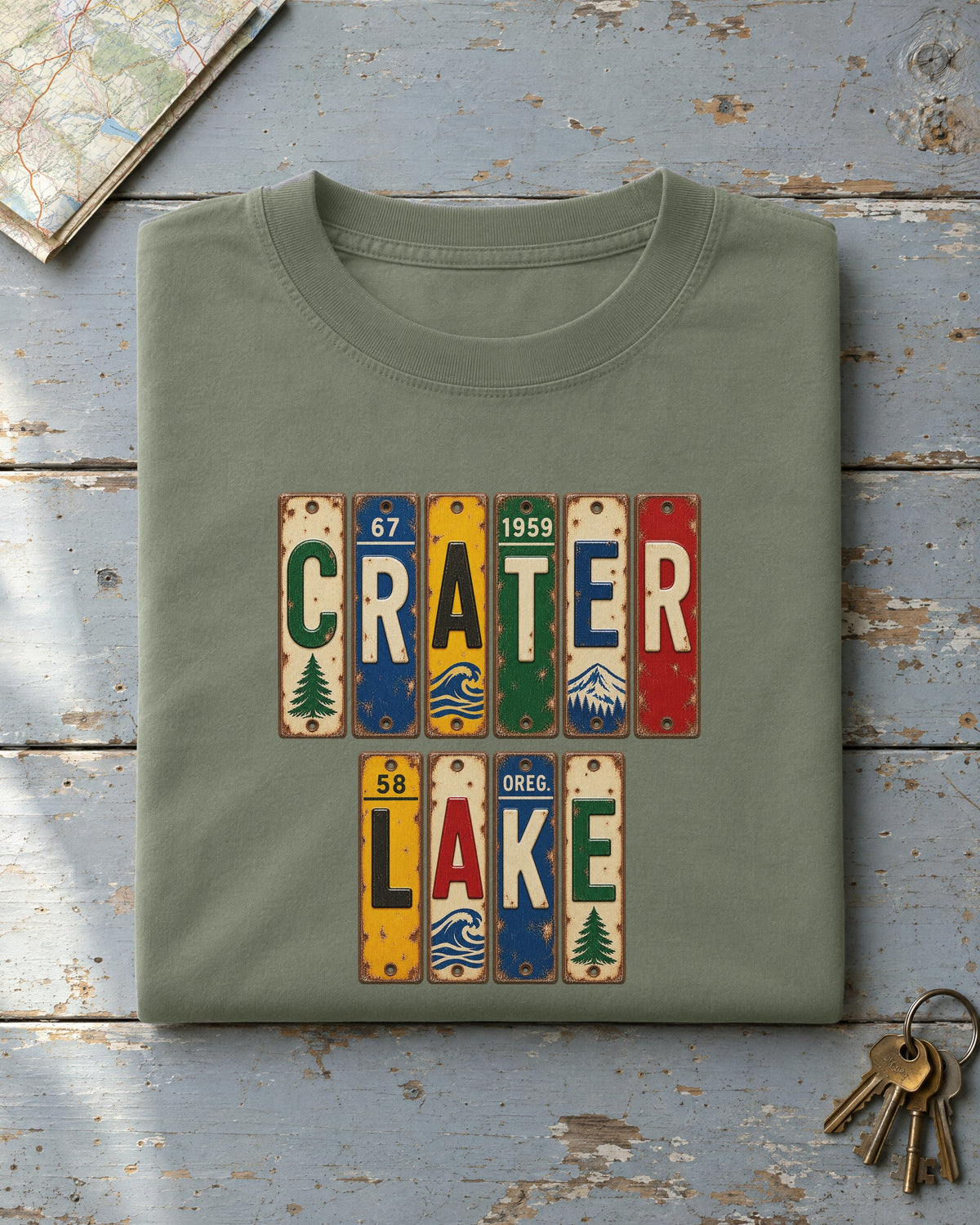 Crater Lake, Oregon vintage license plate t-shirt in Moss