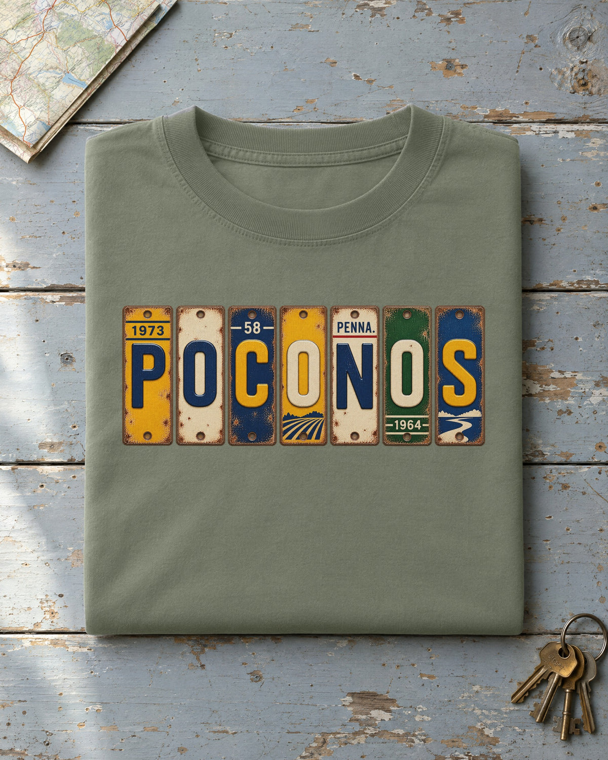 Poconos, Pennsylvania vintage license plate t-shirt in Moss