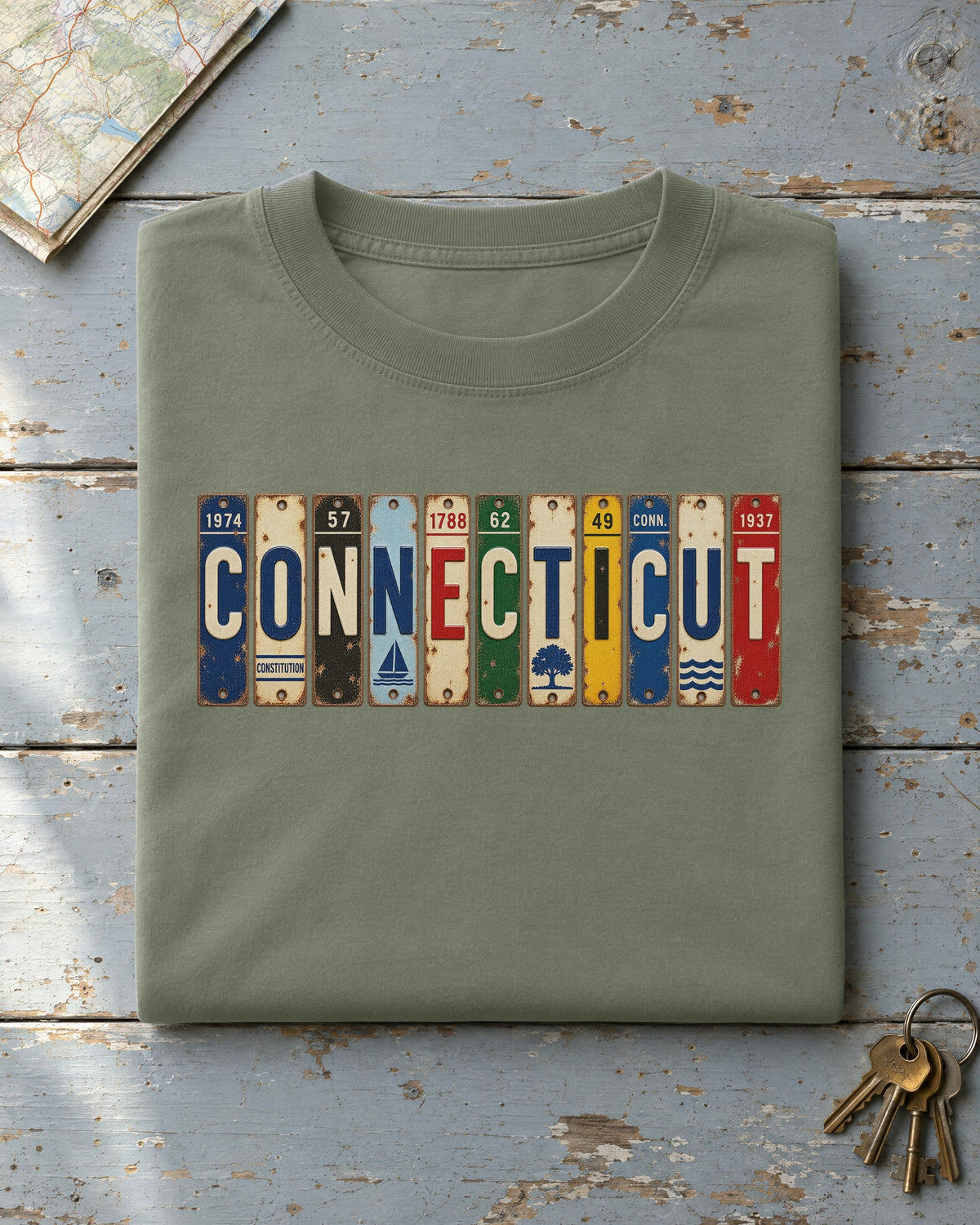 Connecticut vintage license plate t-shirt in Moss