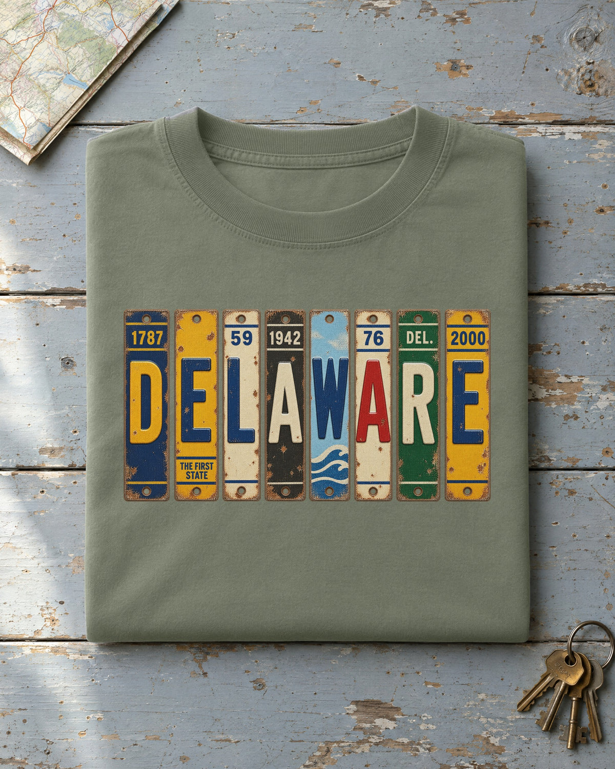 Delaware vintage license plate t-shirt in Moss