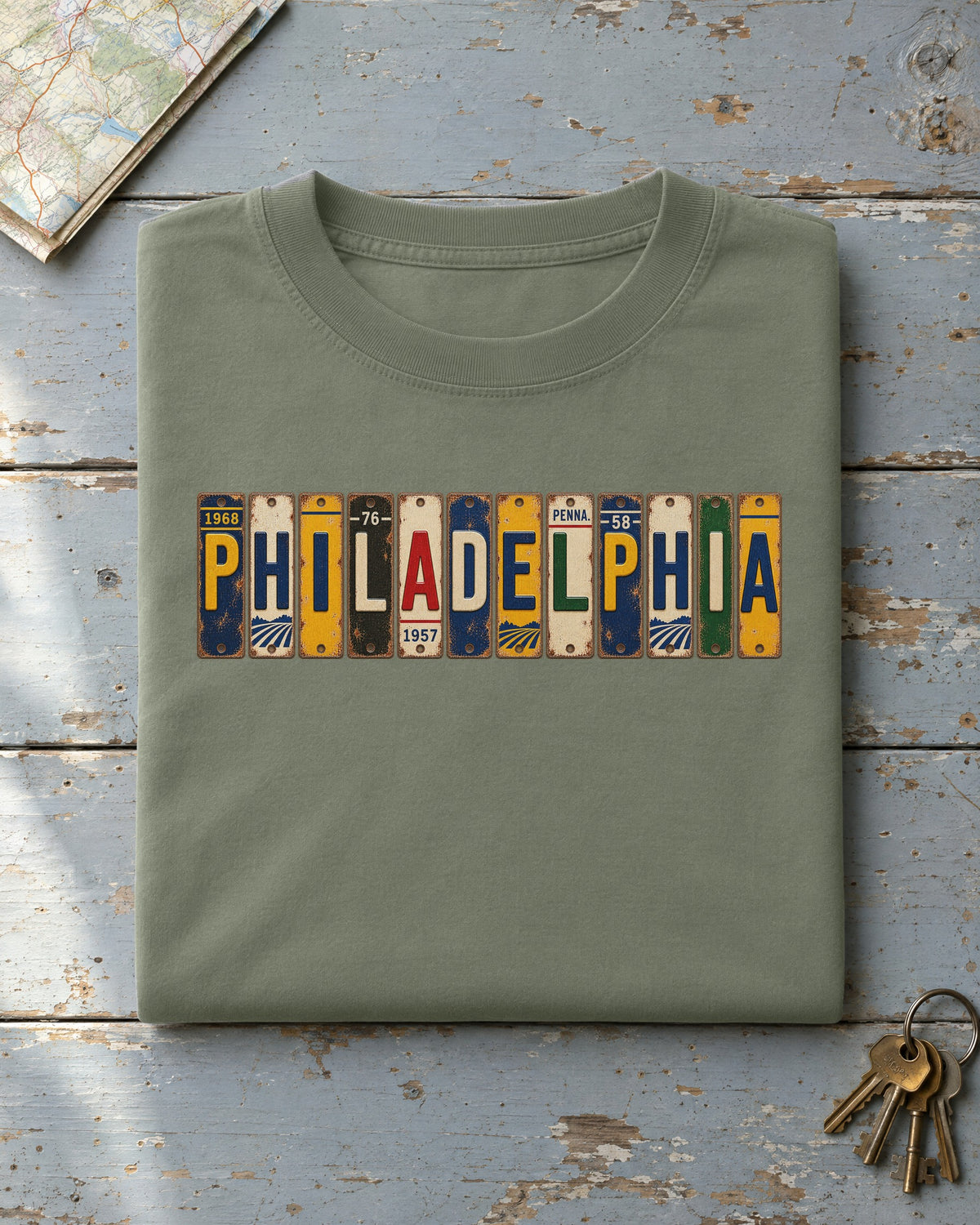 Philadelphia, Pennsylvania vintage license plate t-shirt in Moss
