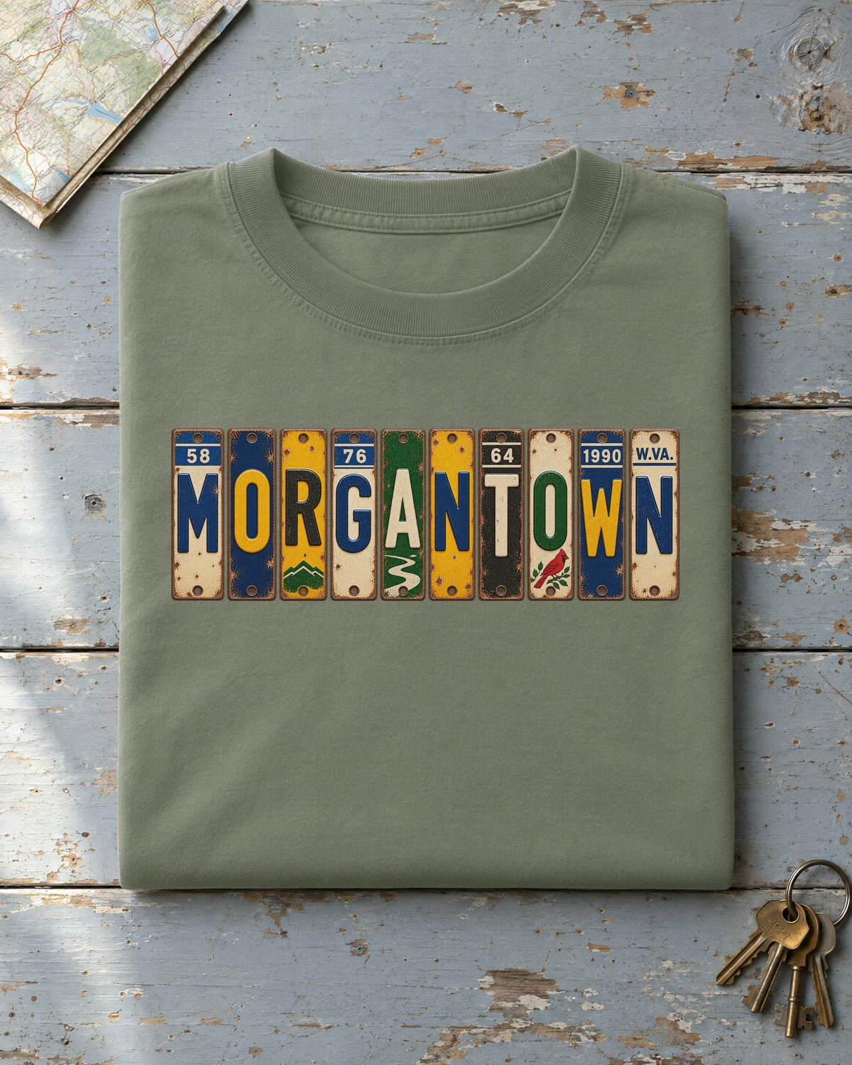 Morgantown, West Virginia vintage license plate t-shirt in Moss