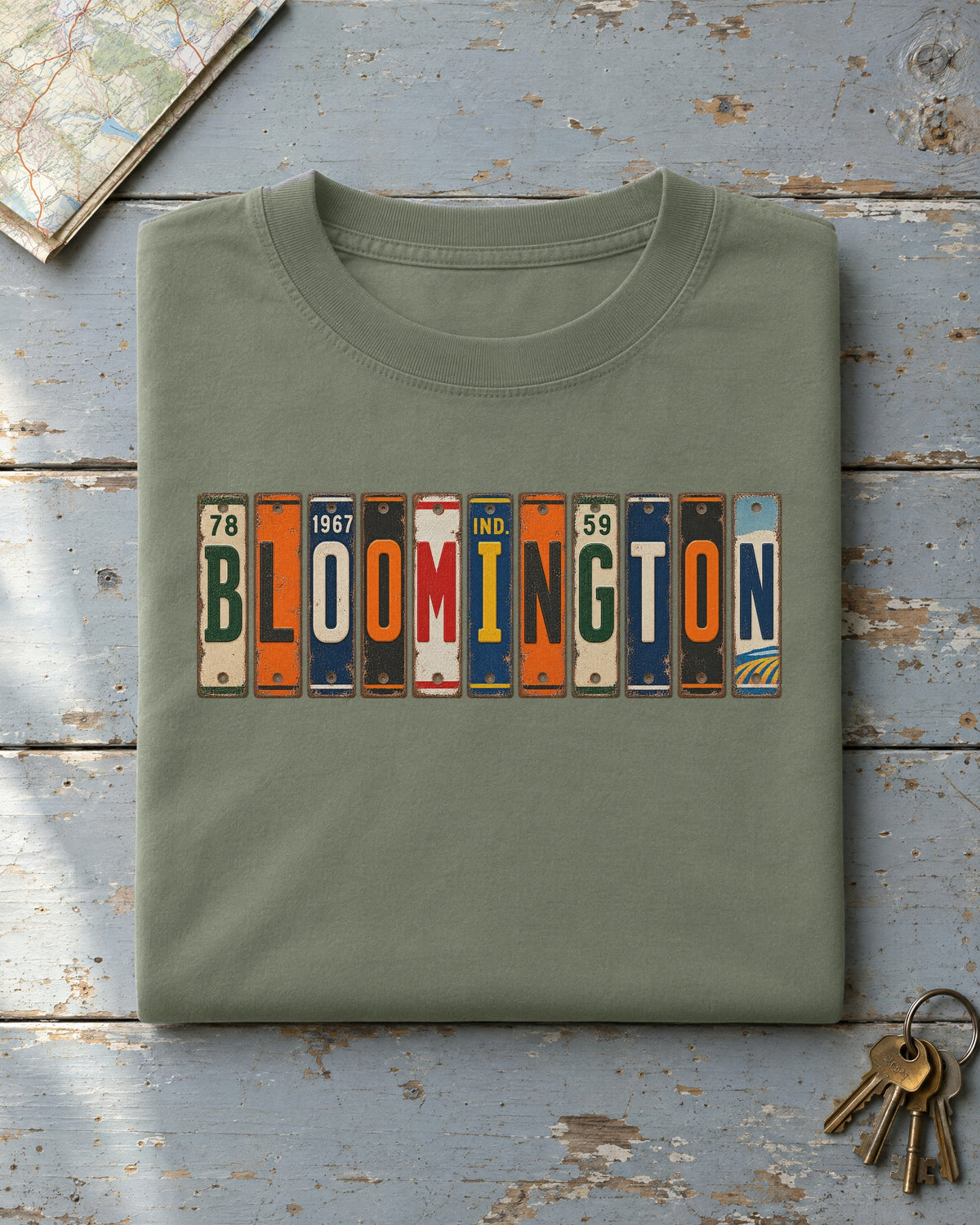 Bloomington, Indiana vintage license plate t-shirt in Moss