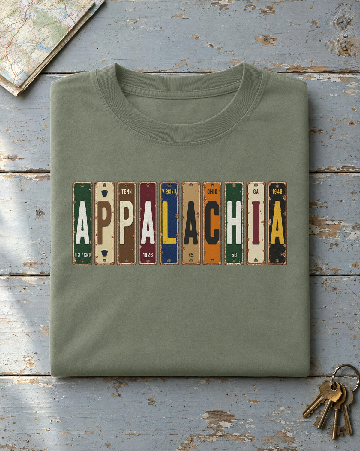 Appalachia vintage license plate t-shirt in Moss