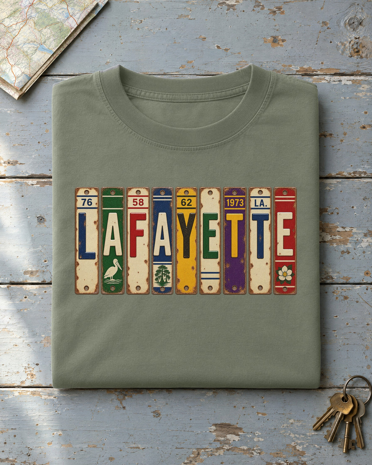 Lafayette, Louisiana vintage license plate t-shirt in Moss