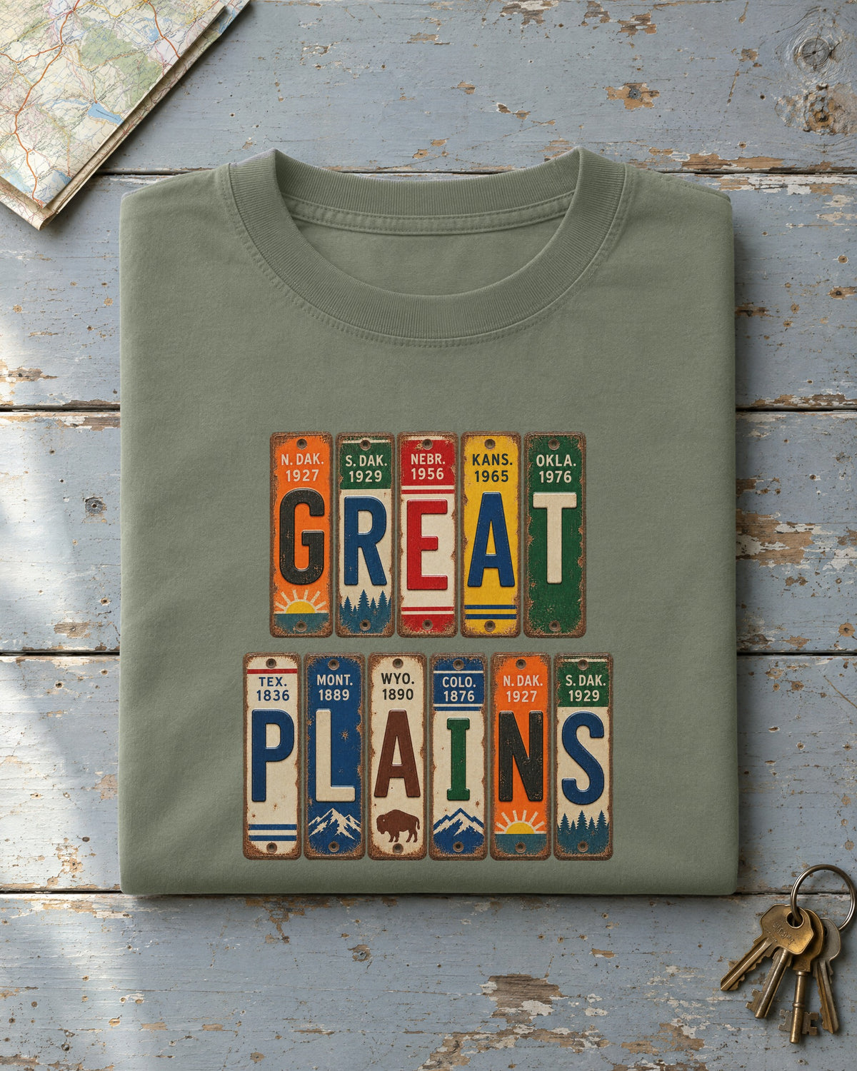 Great Plains vintage license plate t-shirt in Moss