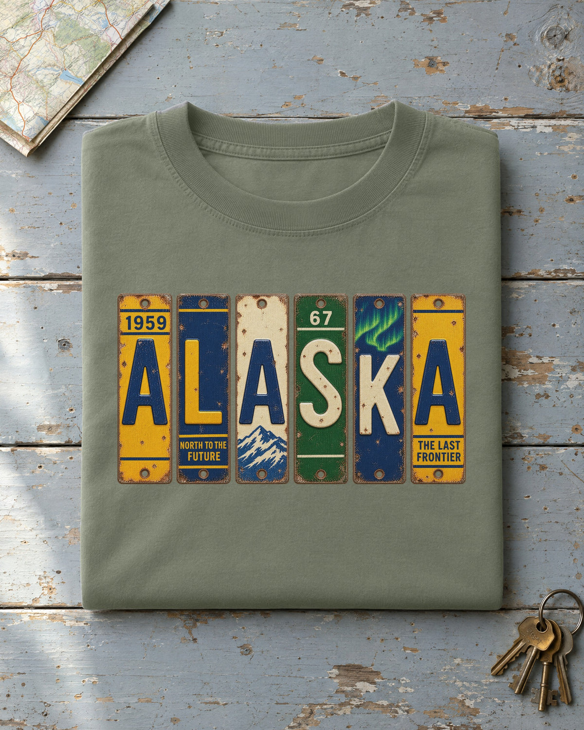 Alaska vintage license plate t-shirt in Moss