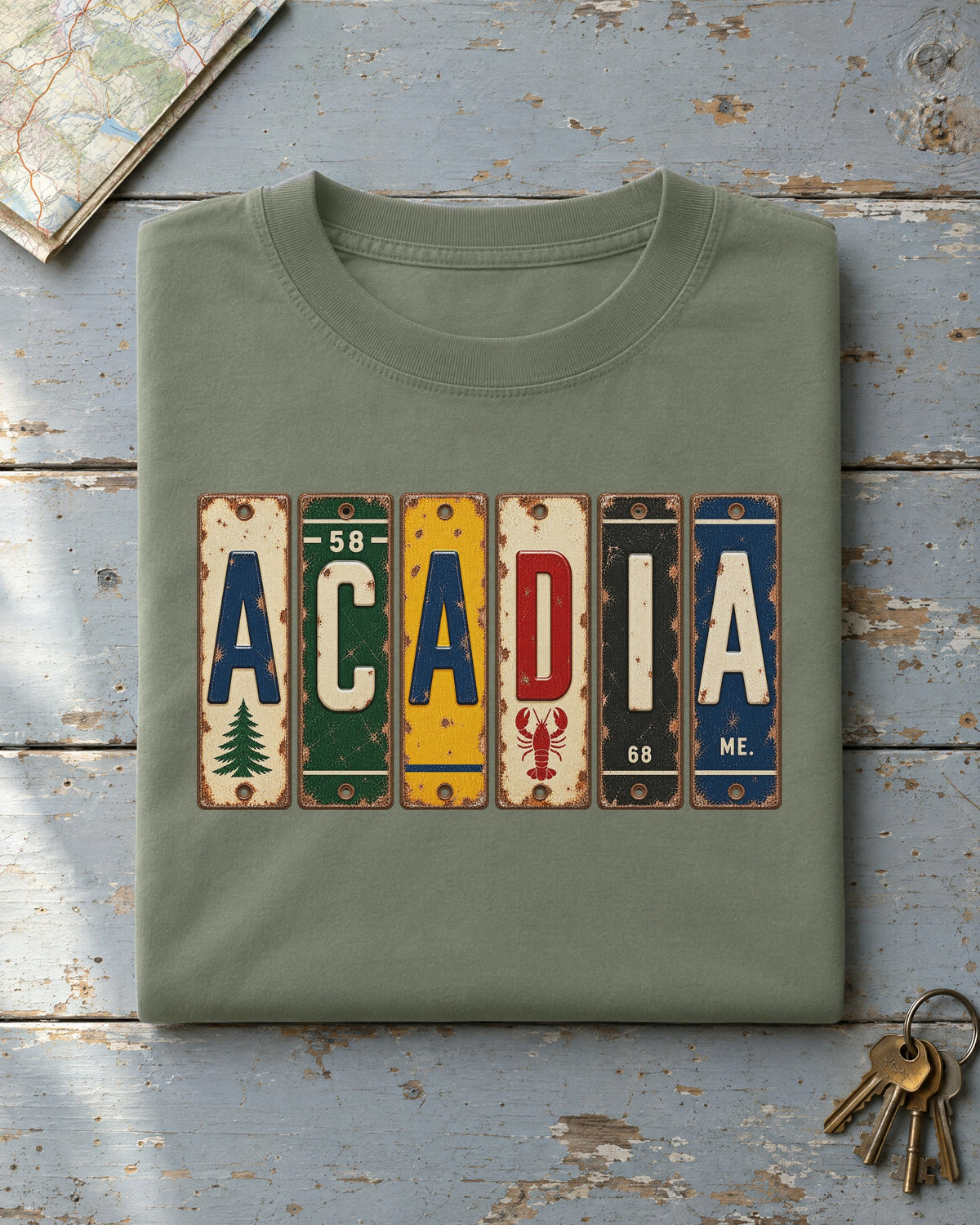Acadia, Maine vintage license plate t-shirt in Moss