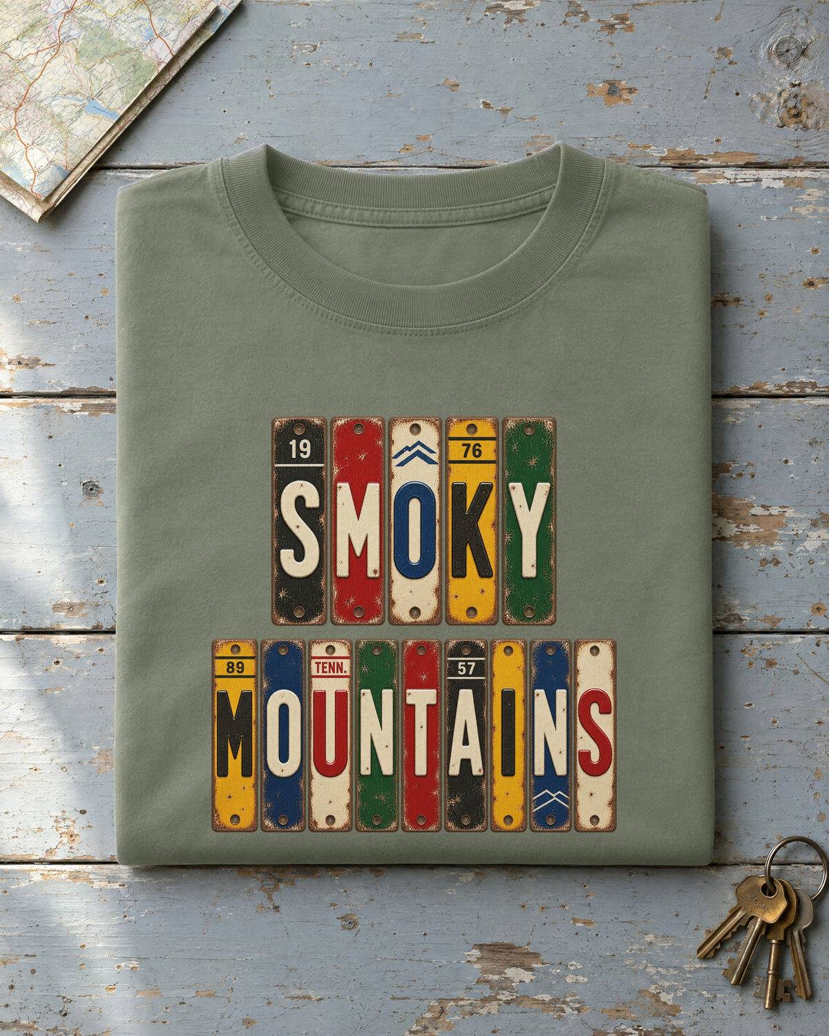 Smoky Mountains, Tennessee vintage license plate t-shirt in Moss