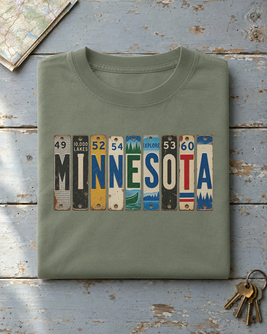 Minnesota vintage license plate t-shirt in Moss