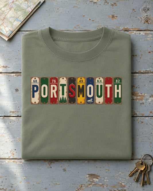Portsmouth, New Hampshire vintage license plate t-shirt in Moss
