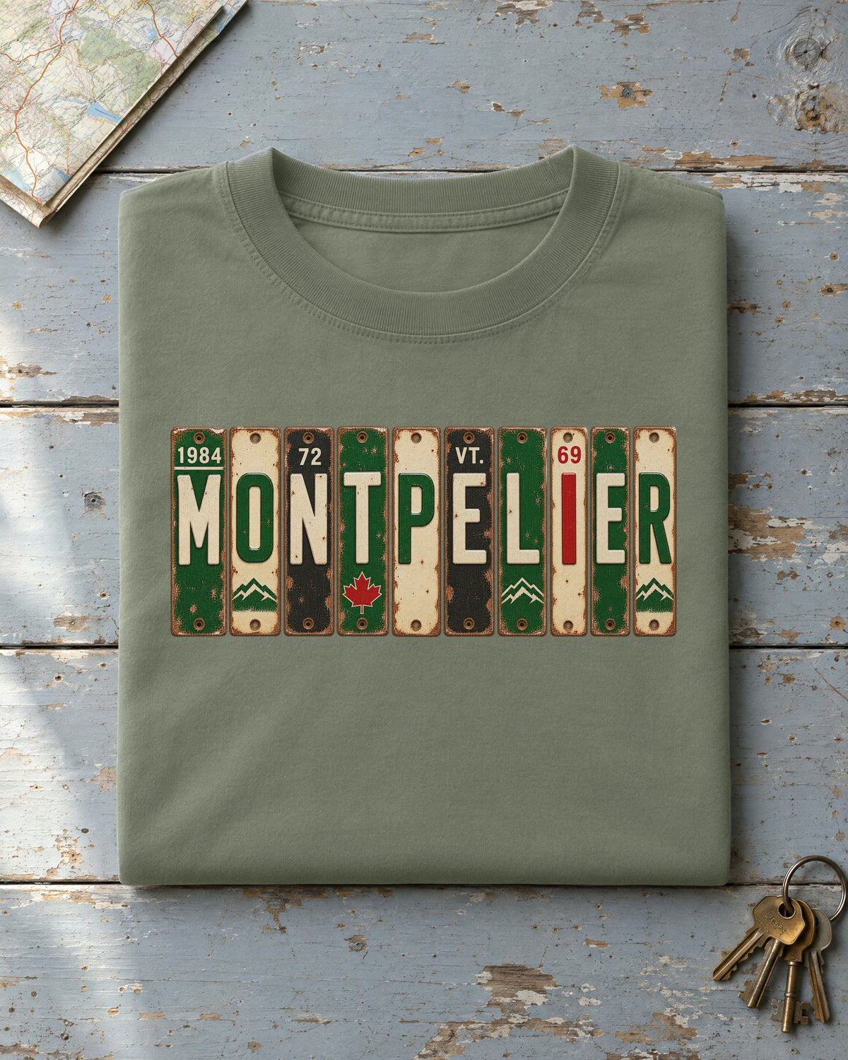 Montpelier, Vermont vintage license plate t-shirt in Moss