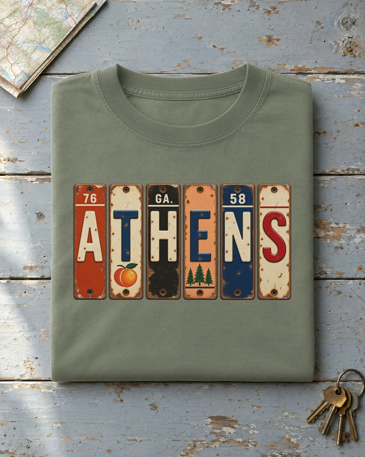 Athens, Georgia vintage license plate t-shirt in Moss