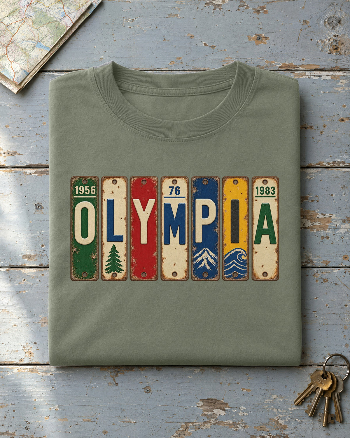 Olympia, Washington vintage license plate t-shirt in Moss