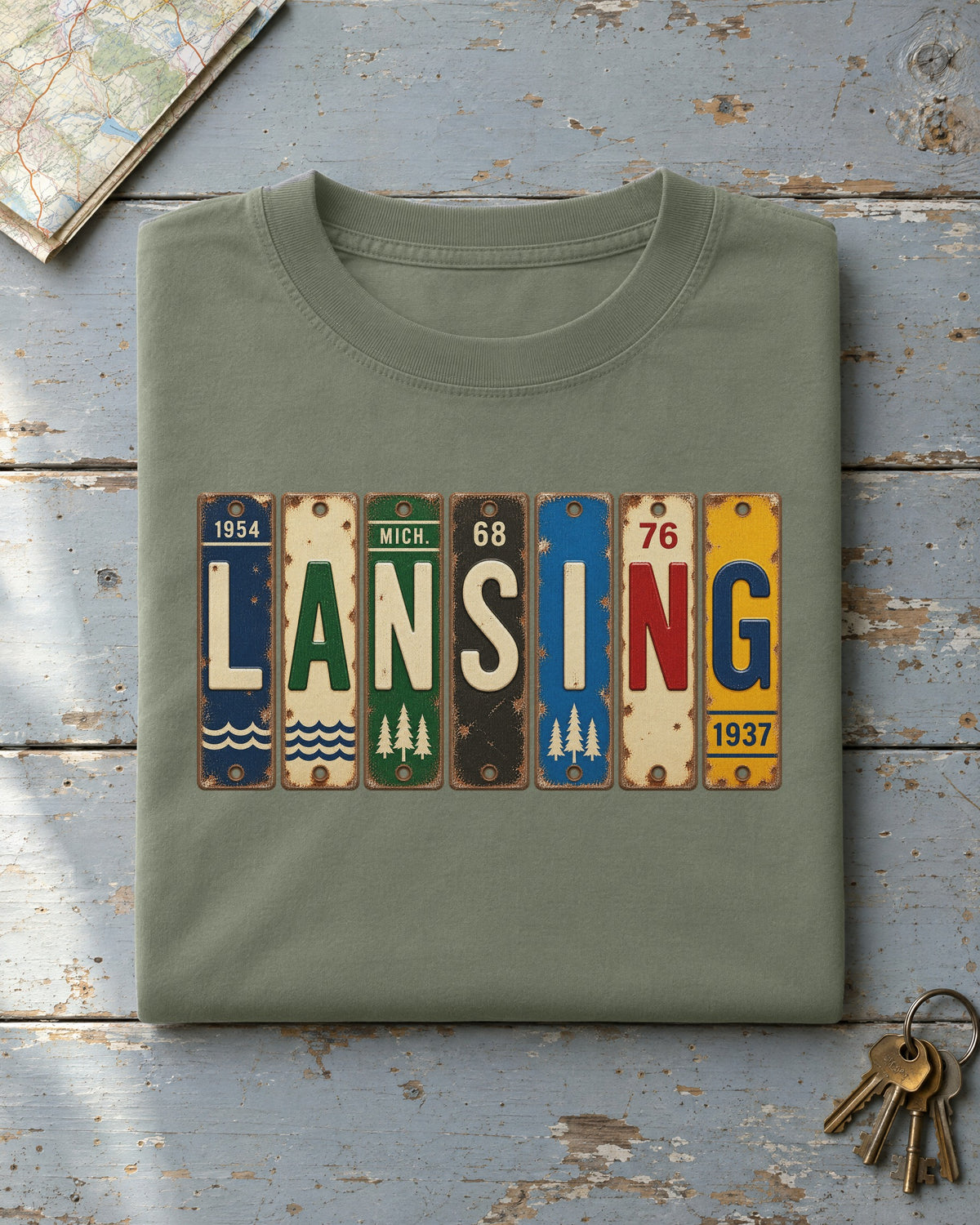 Lansing, Michigan vintage license plate t-shirt in Moss