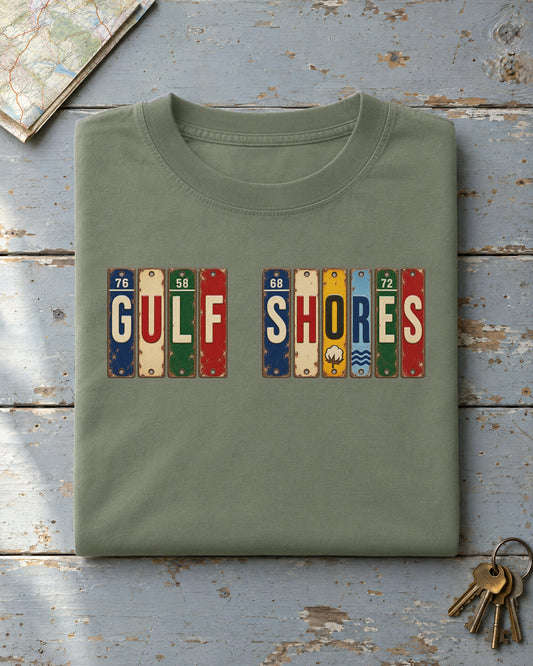 Gulf Shores, Alabama vintage license plate t-shirt in Moss
