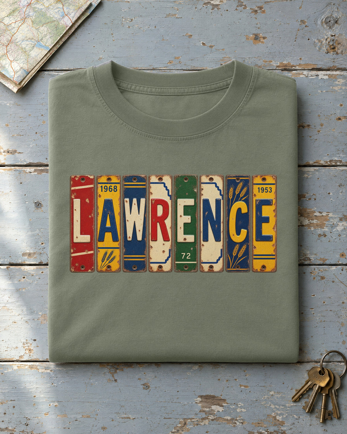 Lawrence, Kansas vintage license plate t-shirt in Moss