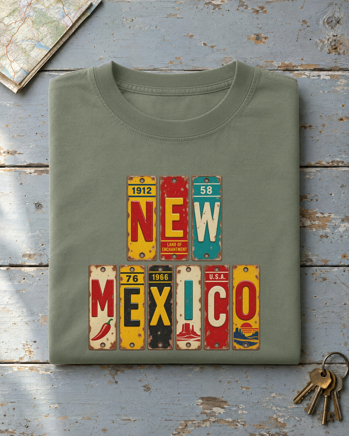 New Mexico vintage license plate t-shirt in Moss