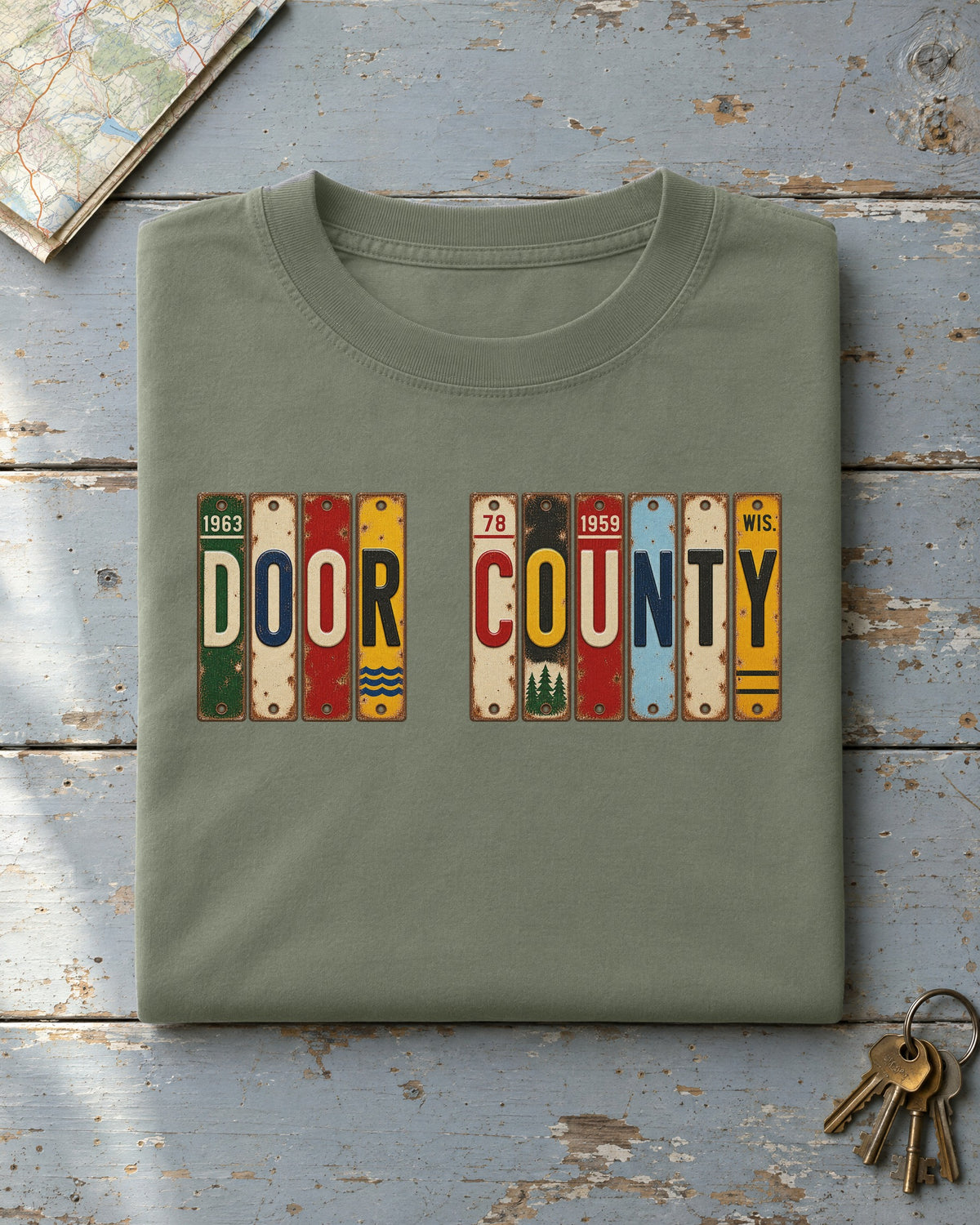 Door County, Wisconsin vintage license plate t-shirt in Moss