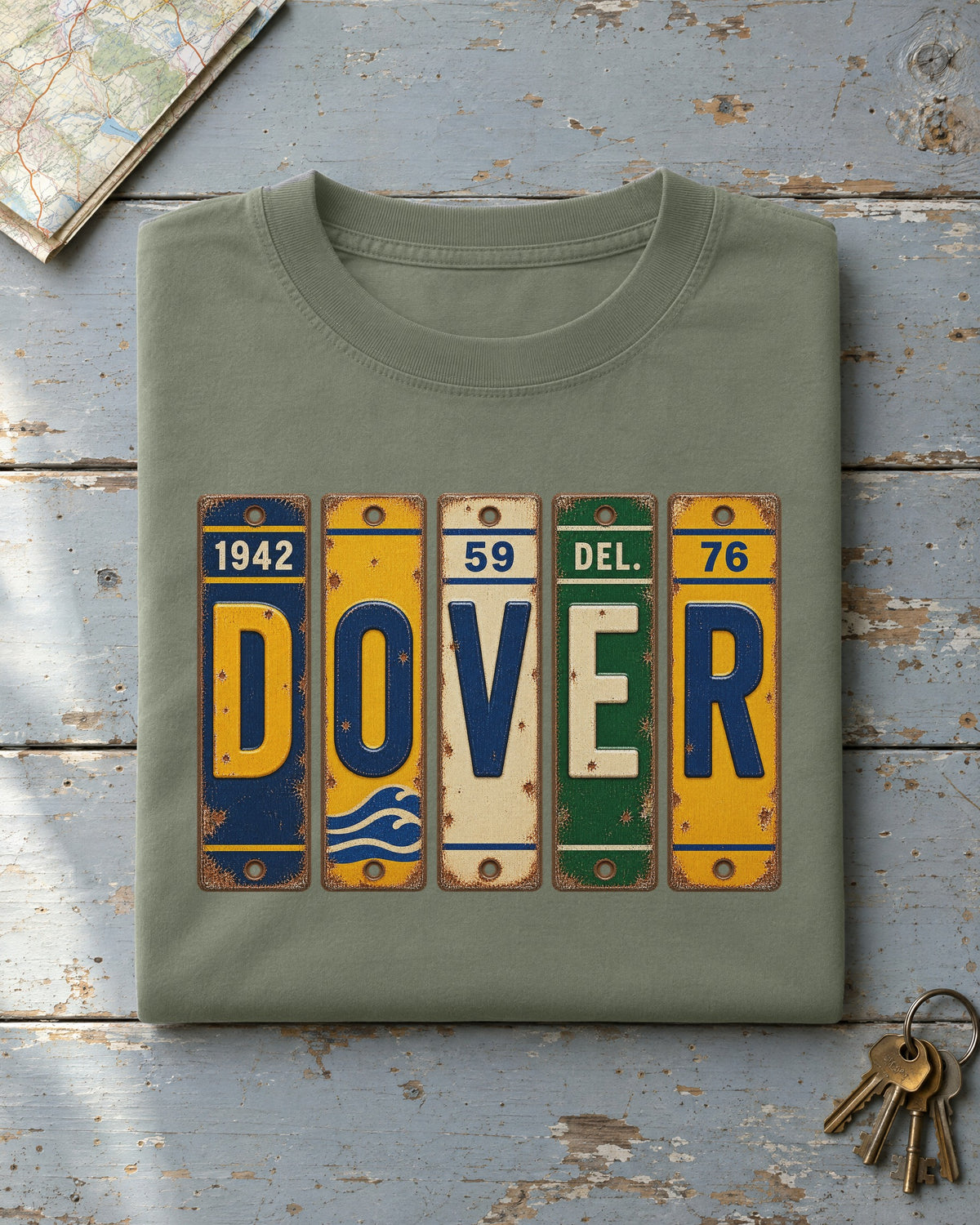 Dover, Delaware vintage license plate t-shirt in Moss