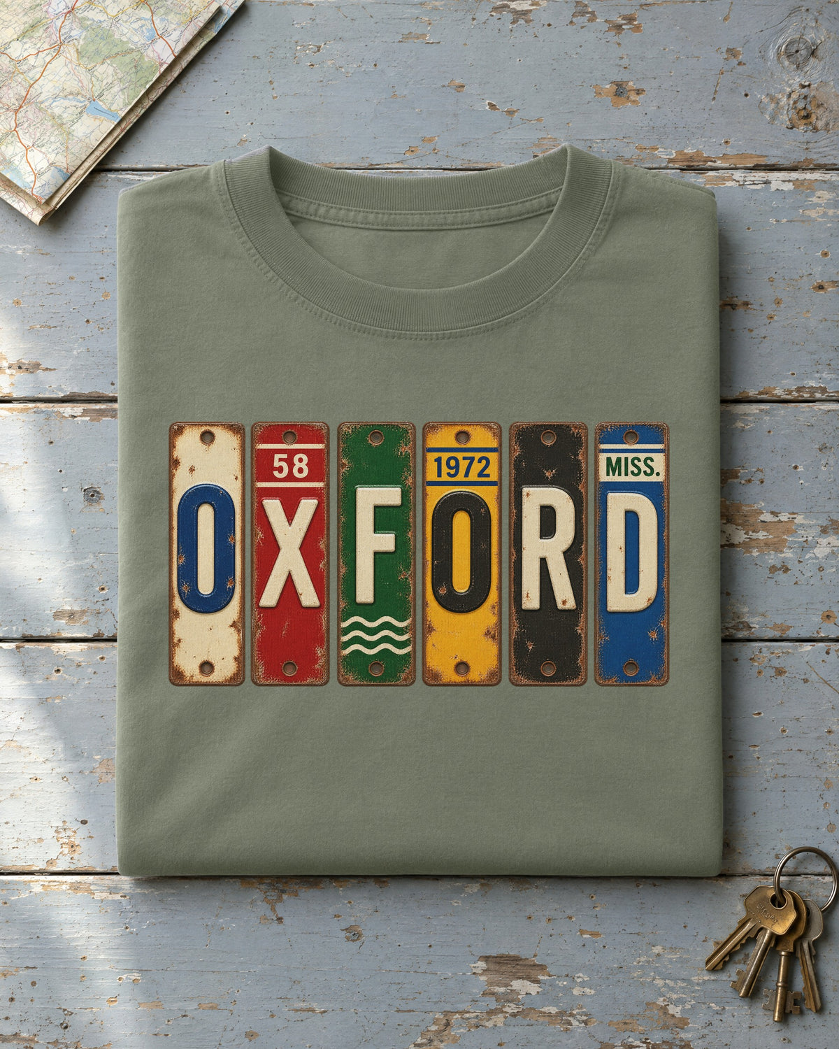 Oxford, Mississippi vintage license plate t-shirt in Moss