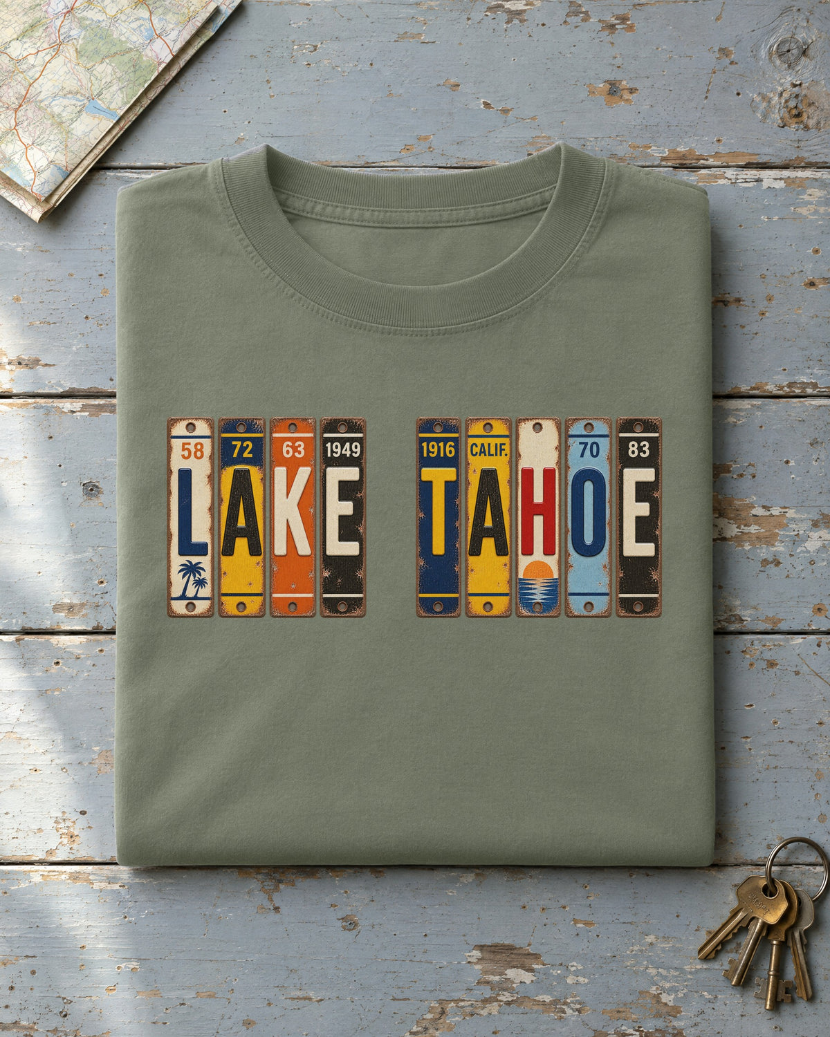 Lake Tahoe, California vintage license plate t-shirt in Moss