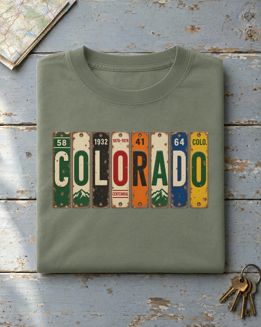 Colorado vintage license plate t-shirt in Moss