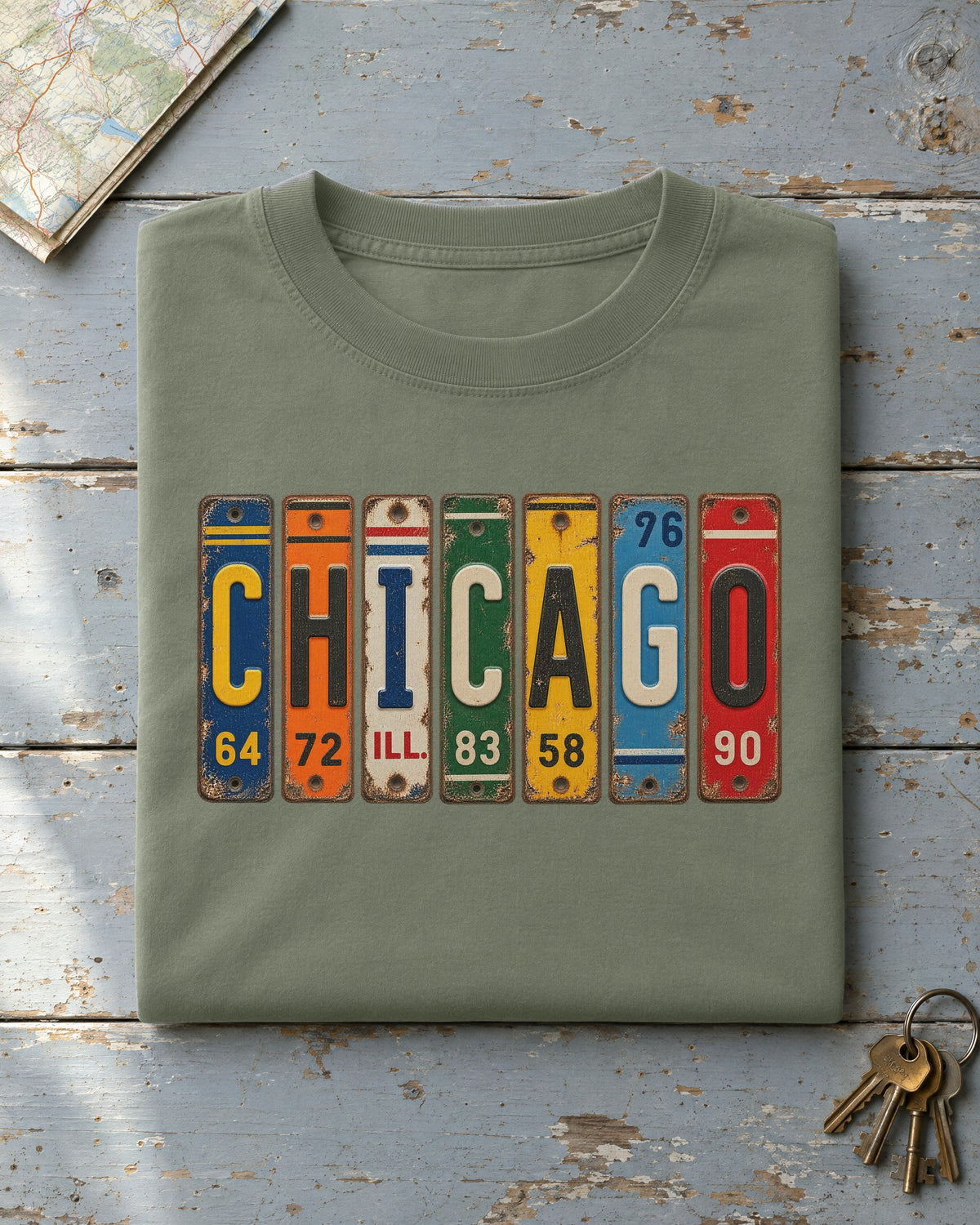Chicago, Illinois vintage license plate t-shirt in Moss