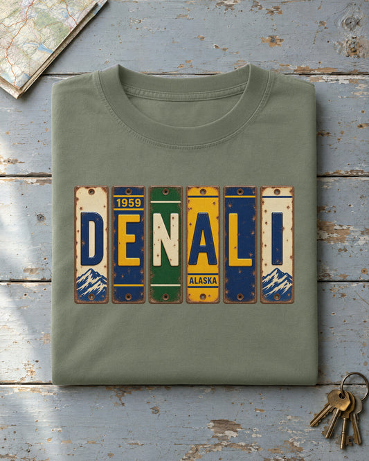 Denali, Alaska vintage license plate t-shirt in Moss