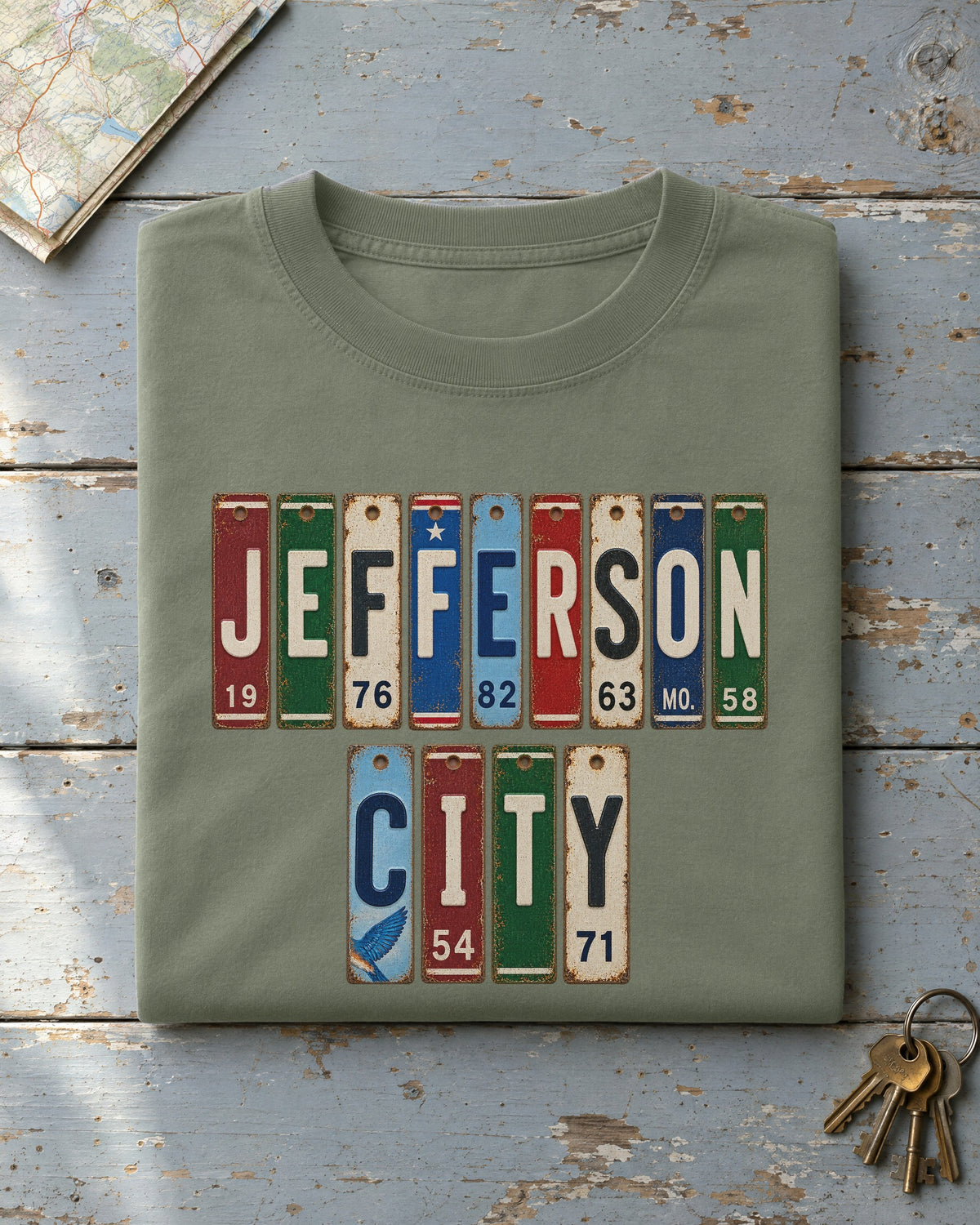 Jefferson City, Missouri vintage license plate t-shirt in Moss