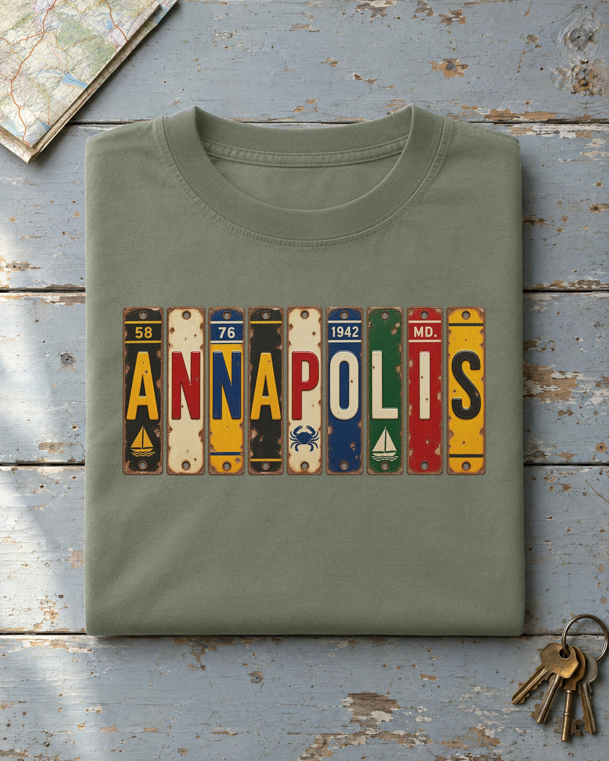 Annapolis, Maryland vintage license plate t-shirt in Moss