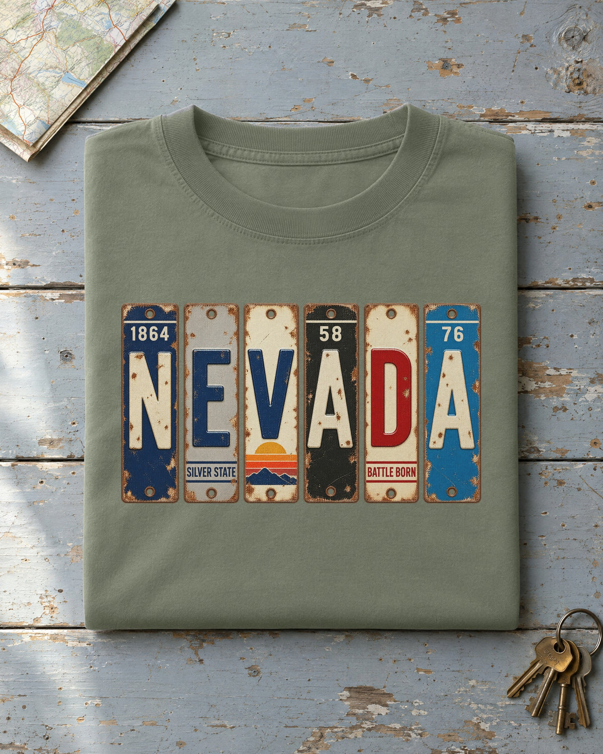 Nevada vintage license plate t-shirt in Moss