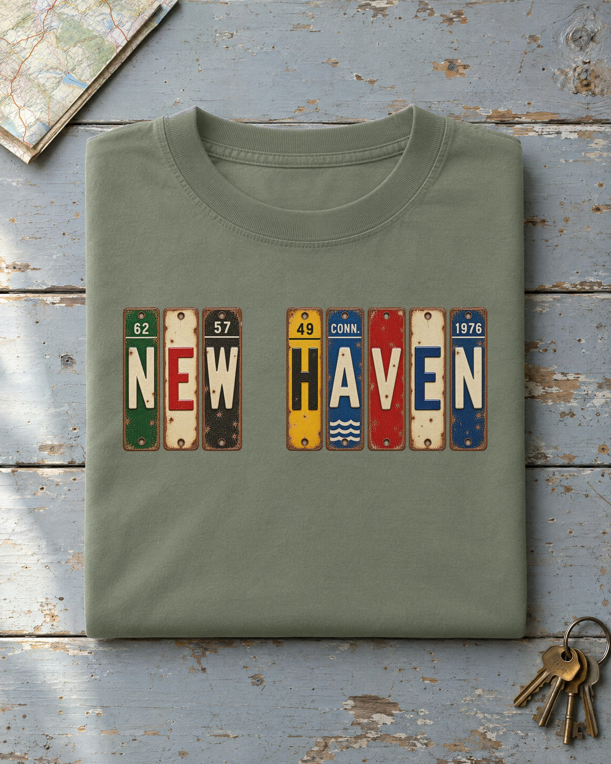 New Haven, Connecticut vintage license plate t-shirt in Moss