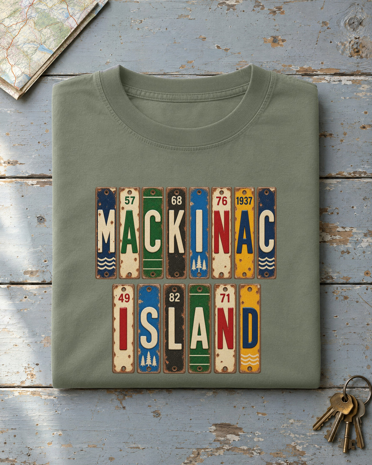 Mackinac Island, Michigan vintage license plate t-shirt in Moss