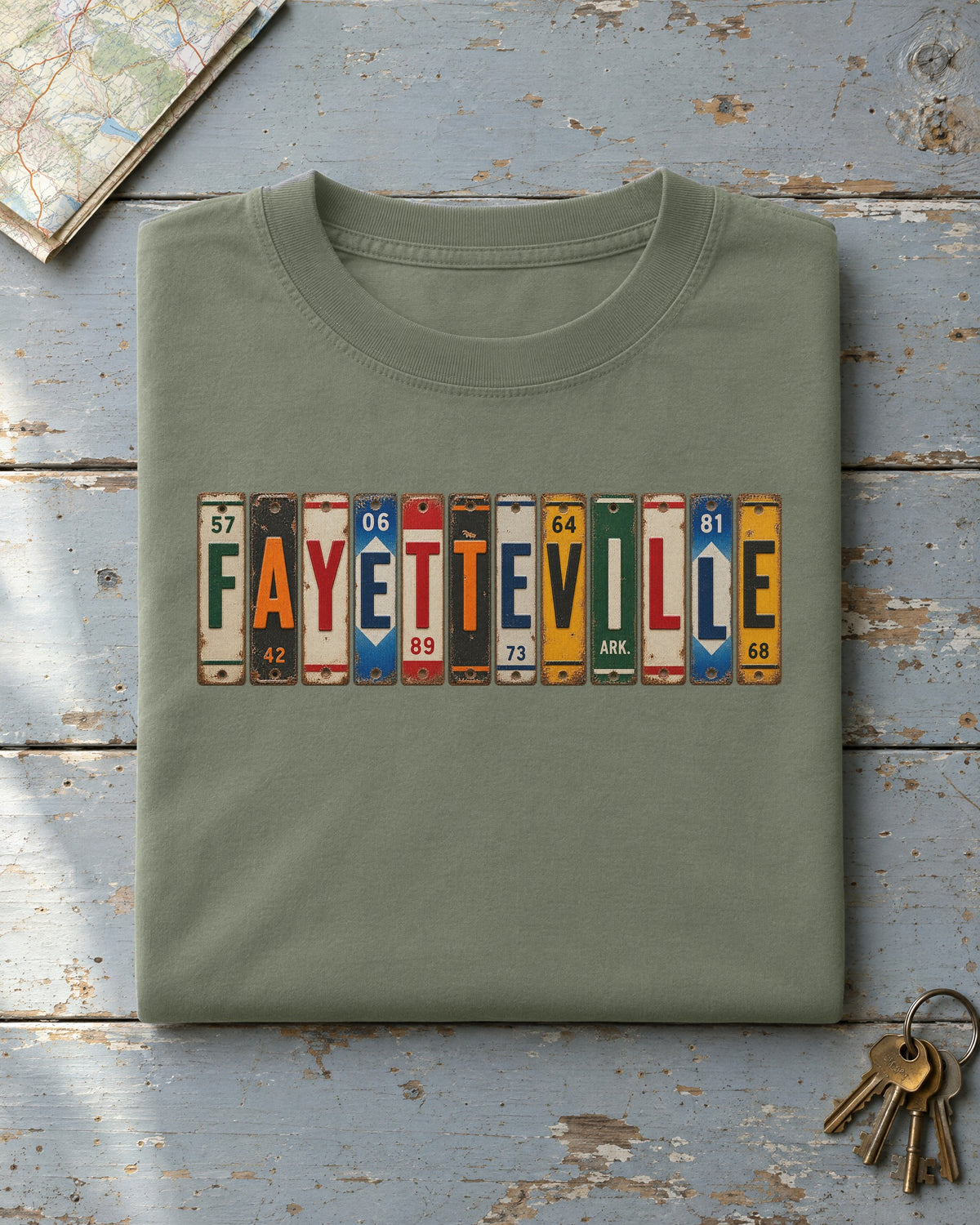 Fayetteville, Arkansas vintage license plate t-shirt in Moss