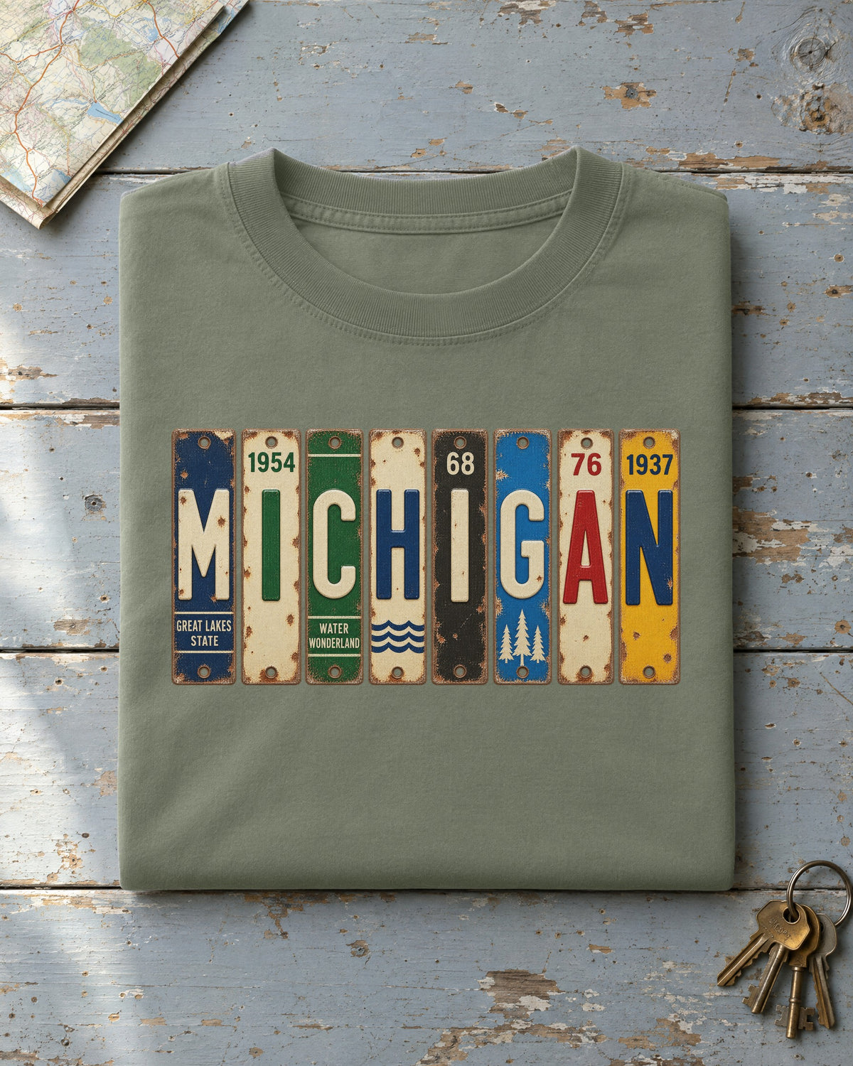 Michigan vintage license plate t-shirt in Moss