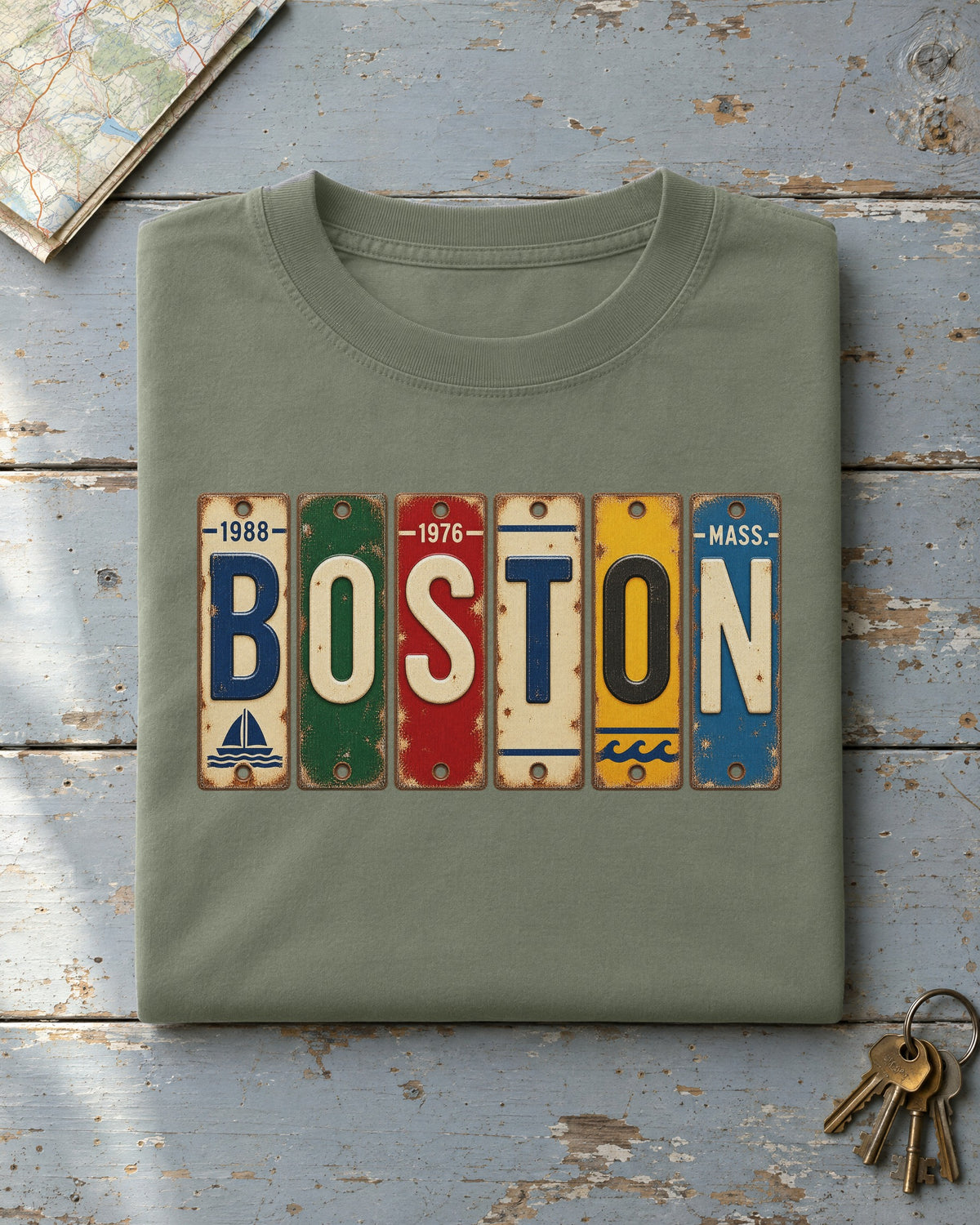 Boston, Massachusetts vintage license plate t-shirt in Moss