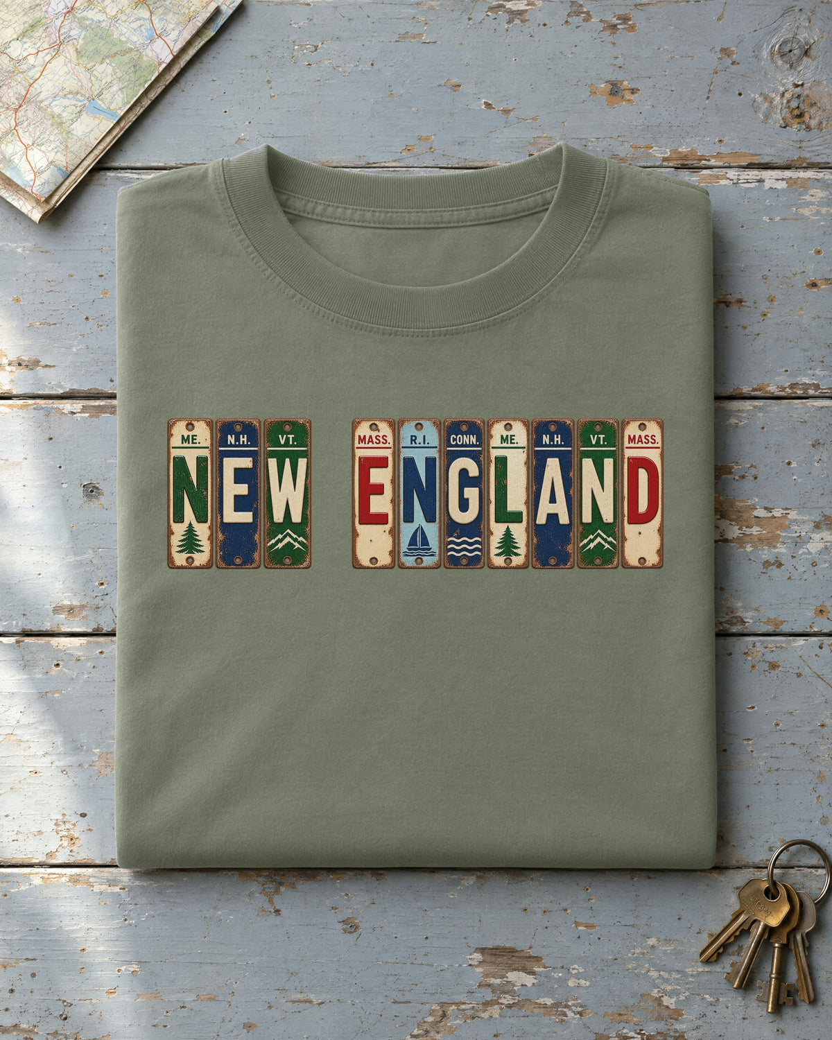 New England vintage license plate t-shirt in Moss