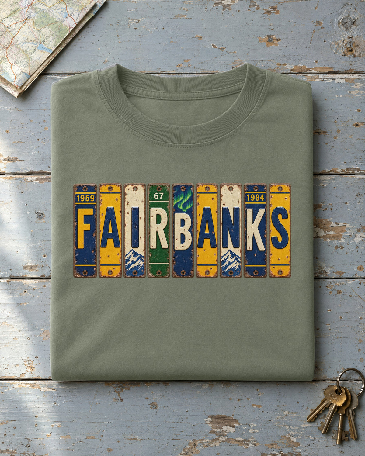 Fairbanks, Alaska vintage license plate t-shirt in Moss
