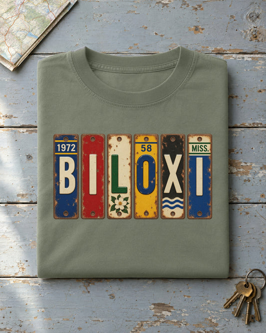 Biloxi, Mississippi vintage license plate t-shirt in Moss